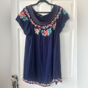 Embroidered Boho Peasant Top Floral XL